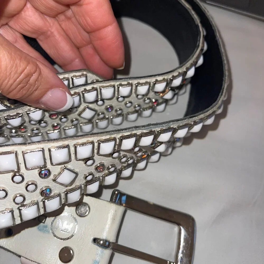 Rn Design Womens Belt Size Large White Leather Studded Swarosky Crystals